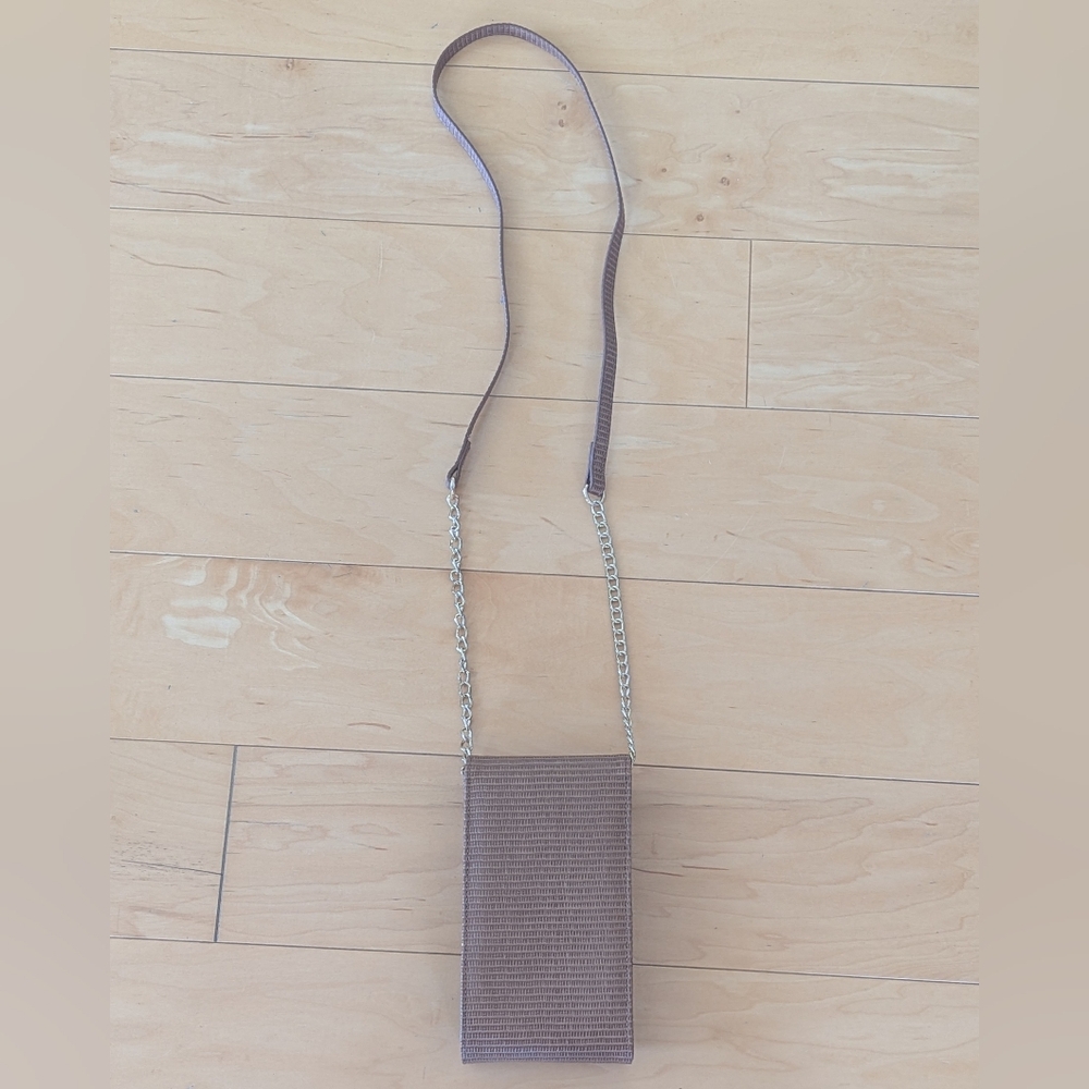 Tan Embossed Crossbody Phone Bag Gold Chain Mini Purse - Picture 9 of 11